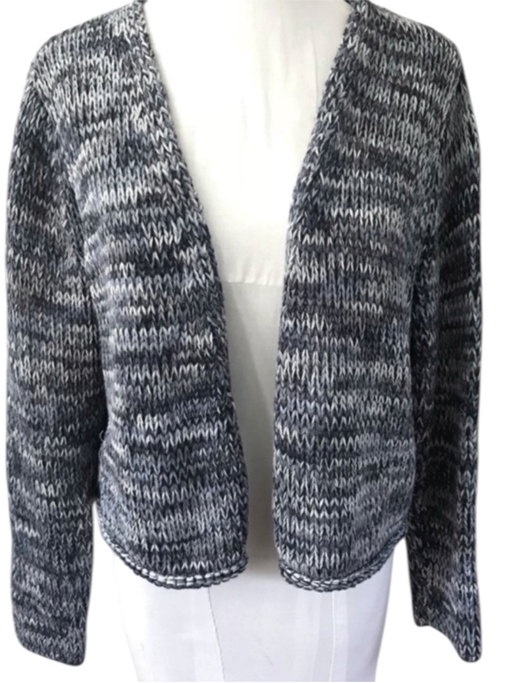 J. Jill Marled Blue Charcoal Cotton Cardigan Large Open Front Chunky Knit Cozy - Picture 4 of 15